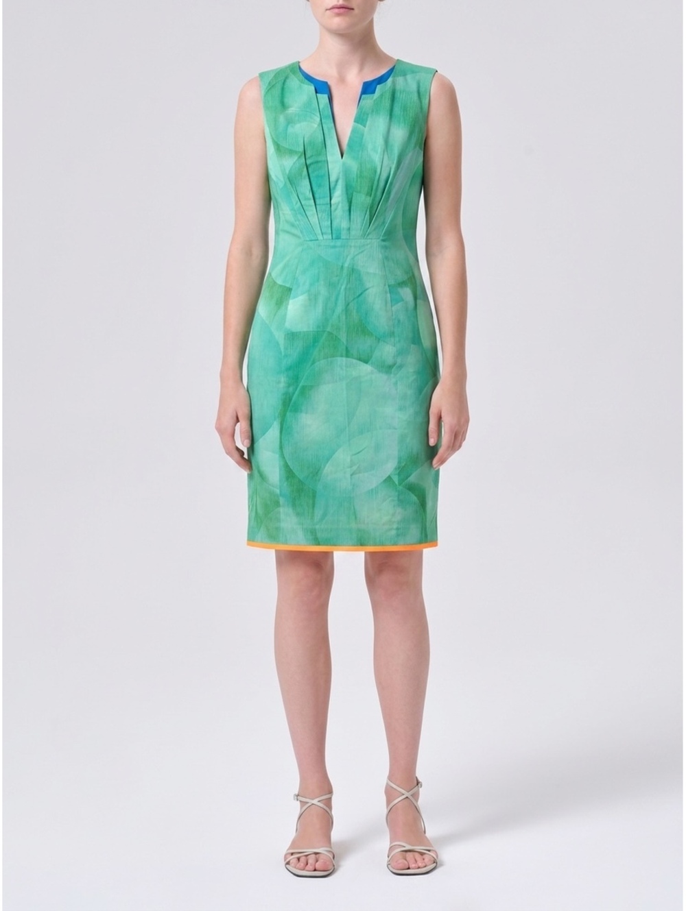 Elie Tahari Green Abstract Pleated Sheath Dress | Sleeveless Cocktail | Size 6
